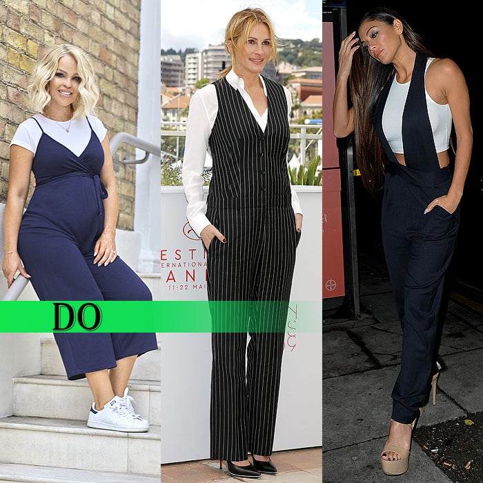 British model Katie Piper wearing a white t-shirt underneath a blue maternity jumpsuit, Julia Roberts wearing a long-sleeved shirt with a pinstriped jumpsuit, and Nicole Scherzinger layering a white crop top with a navy jumpsuit