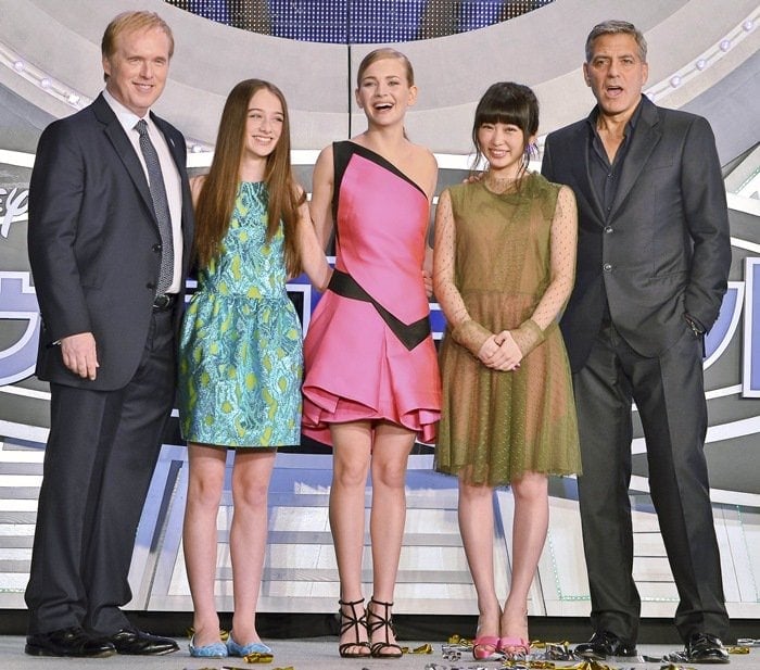 Britt Robertson was joined by Japanese actress Mirai Shida and her co-stars George Clooney, Raffey Cassidy, and director Brad Bird