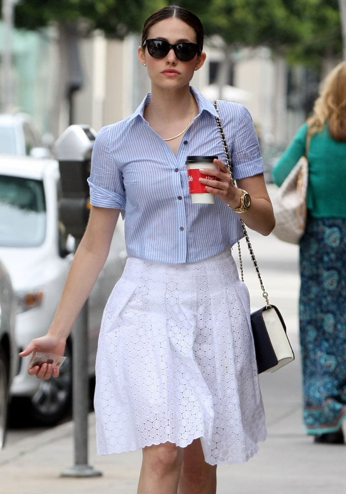 Emmy Rossum strolled through the streets of Beverly Hills with her coffee in hand