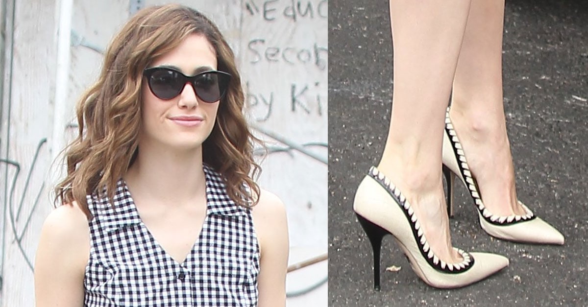 Emmy Rossum's Betty Dumoulin Car Bag and Beige Raffia Pumps