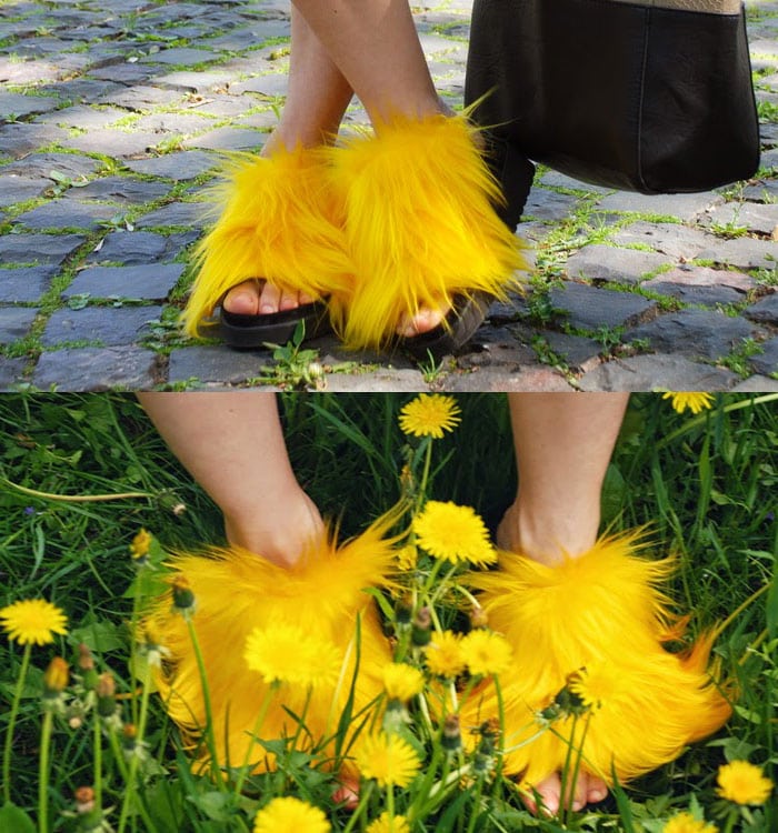 Iren wears unique yellow fur sandals