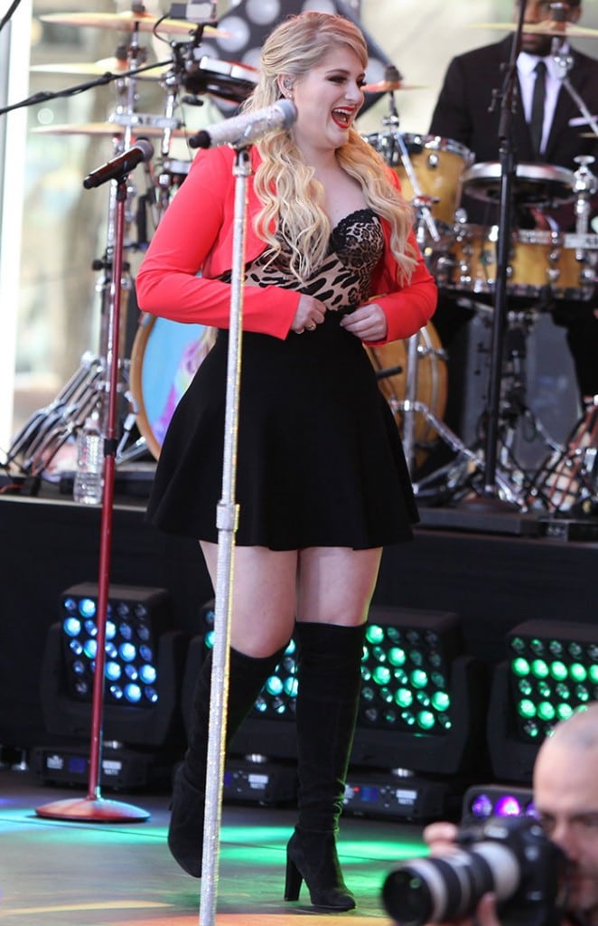 Meghan Trainor Performs in Coral Bolero and Highland Pull-On Boots