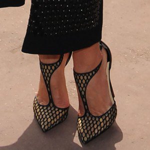 Miranda Kerr Flashes Slim Legs in Salonu Fishnet Pumps