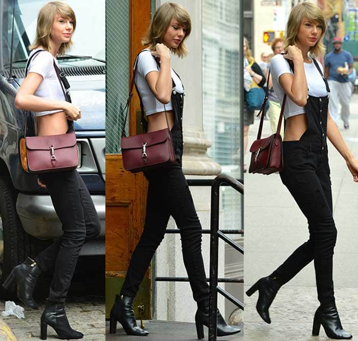 Taylor Swift styled black dungarees with a Topshop ribbed crop tee