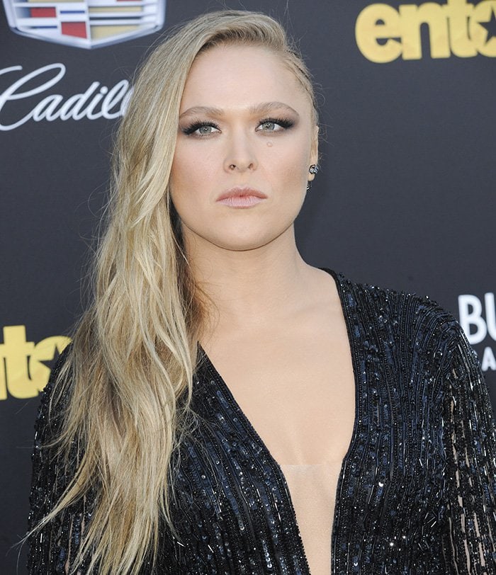 Ronda Rousey wears her blonde hair in braids at the Los Angeles premiere of Warner Bros. Pictures’ “Entourage”