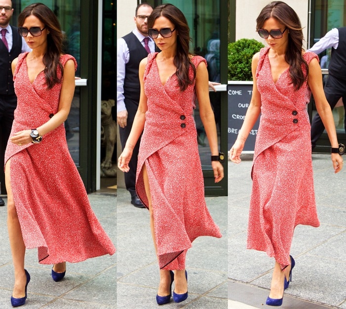 Victoria Beckham in Rosy Wrap Dress with Blue Casadei Blade Pumps