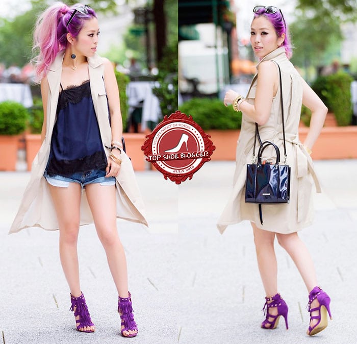 Aika flaunts her slender pins in vivid purple sandals