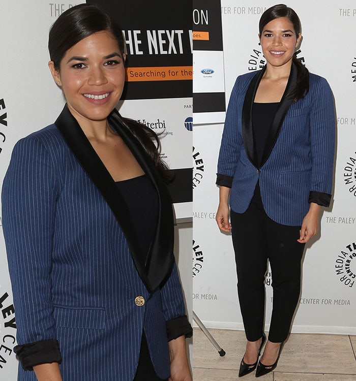 America Ferrera's pinstriped blue tuxedo jacket with black shawl lapels