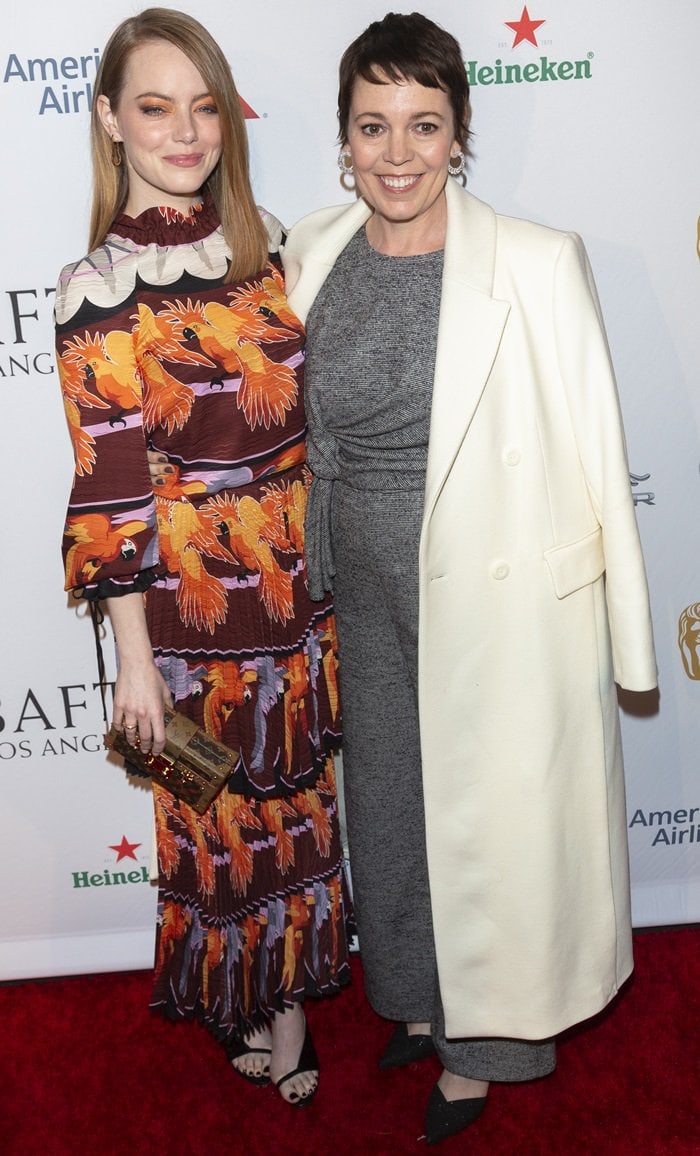 Emma Stone posing with The Favourite co-star Olivia Colman at the BAFTA Tea Party at the Four Seasons Hotel in Beverly Hills, California, on January 5, 2019