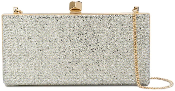 Sporting a slick Jimmy Choo gold-tone metal cube clasp closure with a crystal detail in the center, an internal logo patch, shiny gold-tone hardware with a side embossed logo stamp, this chic Celeste clutch can be carried in the hand or worn over the shoulder courtesy of its elegant gold-tone chain strap