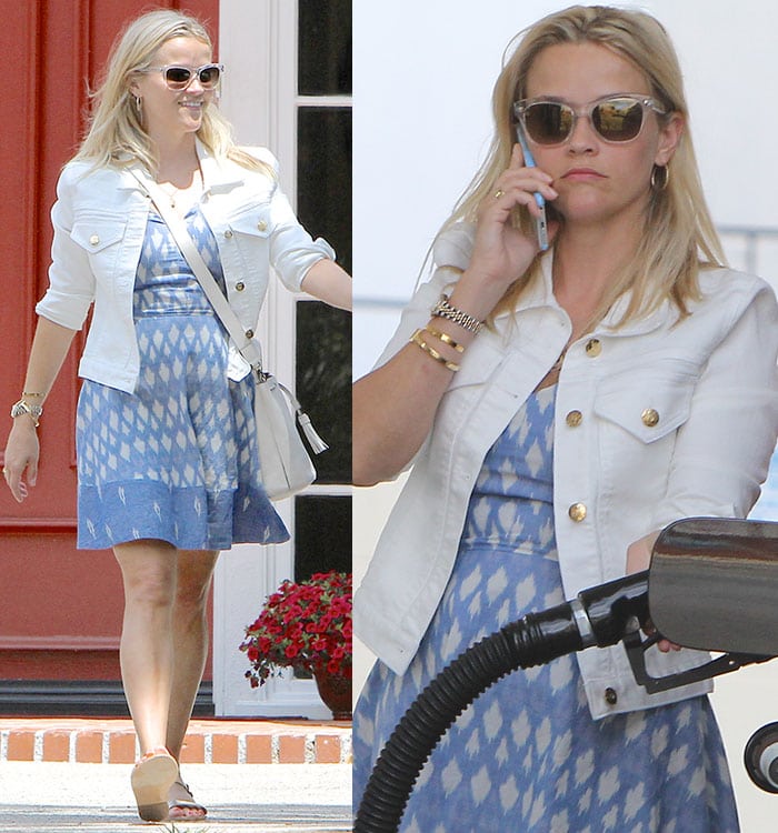 Reese Witherspoon Pumps Gas in Pretty Blue Dress and Flat Sandals