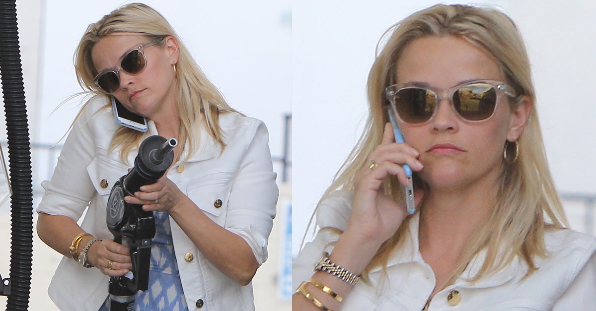 Reese Witherspoon Pumps Gas in Pretty Blue Dress and Flat Sandals