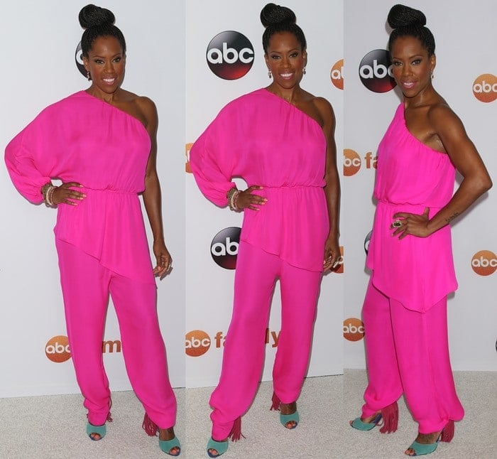 Regina King rocked a pink one-shoulder jumpsuit by Tamara Mellon