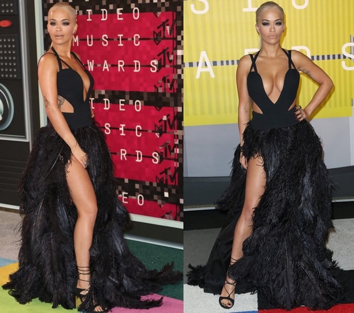 Rita Ora poses and shows off her long legs in a stunning feathered Vera Wang gown