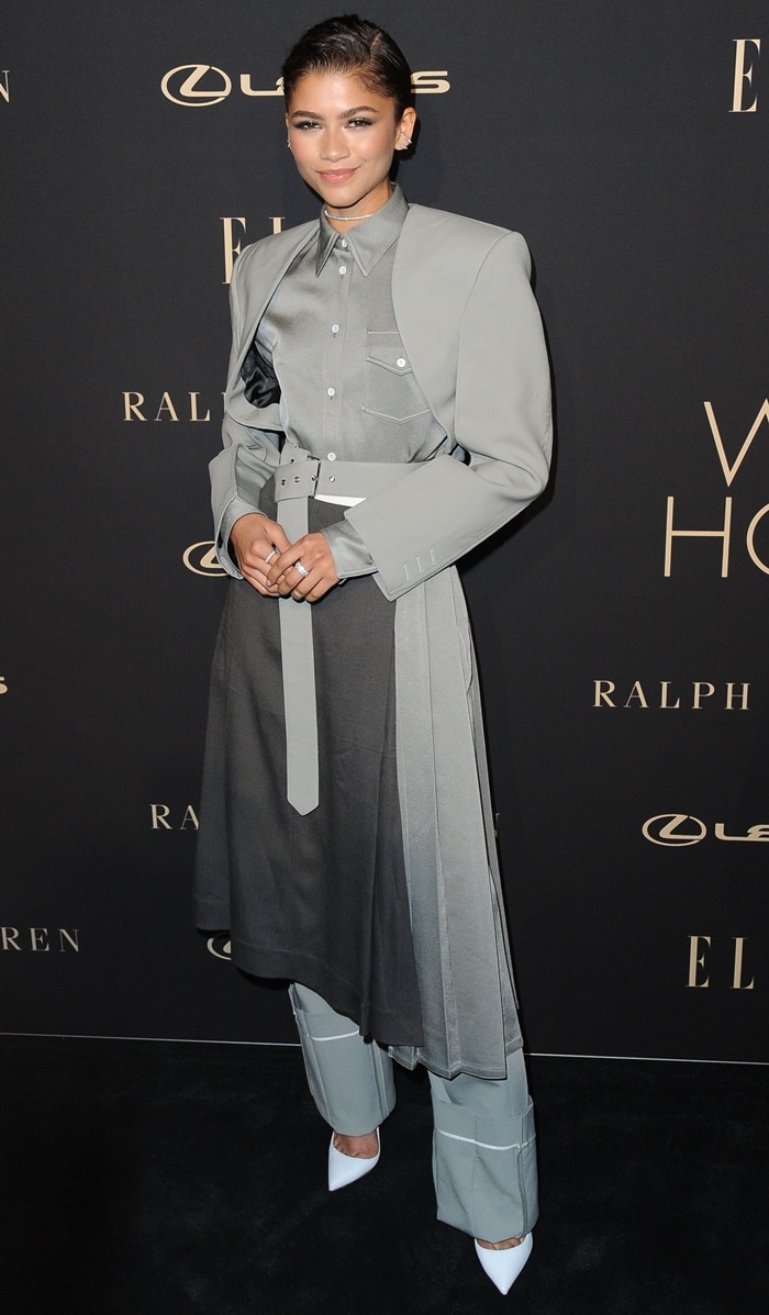 Zendaya in a gray Peter Do pantsuit at the ELLE Women In Hollywood Celebration