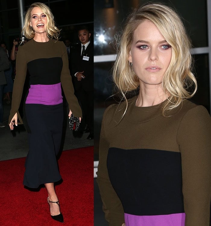 Alice Eve laughs as she attends the premiere of "Before We Go" in a color-blocked dress from Marni
