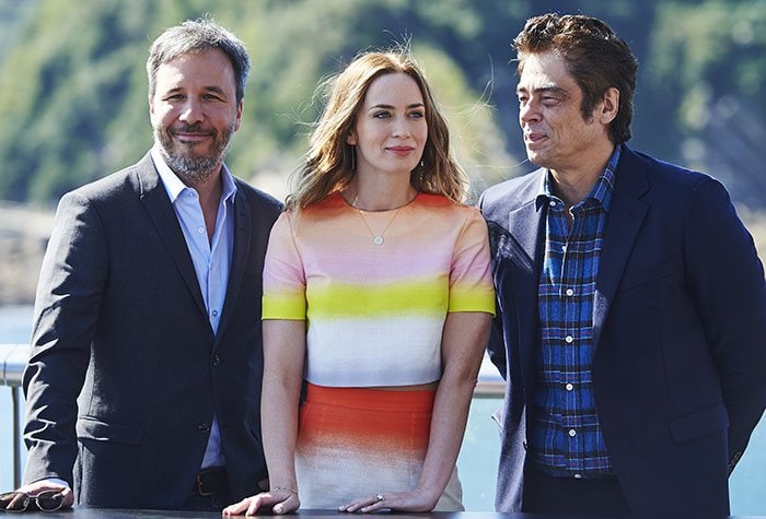 From left-to-right: Denis Villeneuve, Emily Blunt and Benicio del Toro attend a photocall for their film "Sicario"