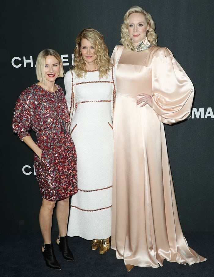 Naomi Watts, pictured with Laura Dern and Gwendoline Christie, has a net worth of $30 million