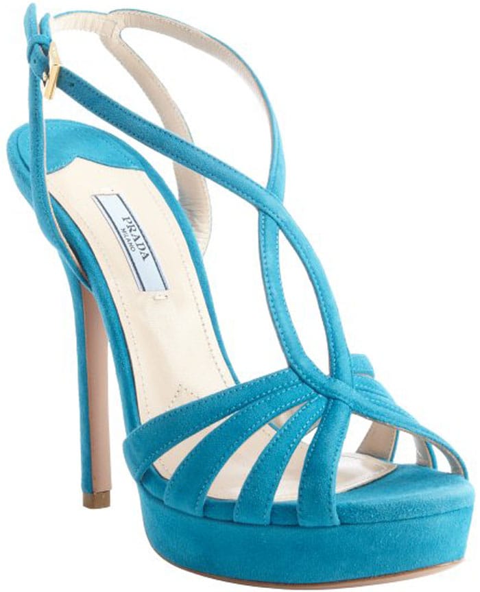 Prada Blue Suede Strappy Heel Platform Sandals