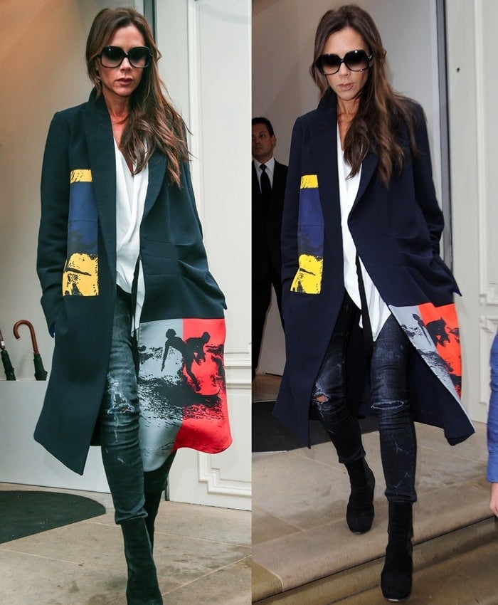 On September 18, 2015, in London, Victoria Beckham was spotted wearing R13 skinny jeans in black marble with rip, Alaïa boots, and a dart detail coat from her Spring 2016 collection
