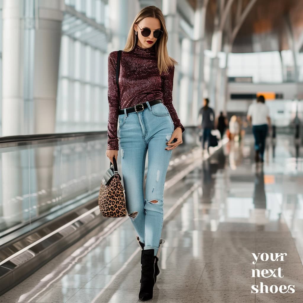 This stylish traveler flaunts a glittery maroon turtleneck, light blue cropped jeans, black suede boots, and a leopard-print handbag at the airport