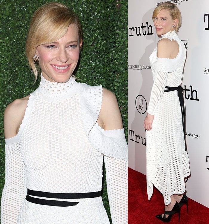 Cate Blanchette shows off the black belt detail on her mesh knit gown from Proenza Schouler