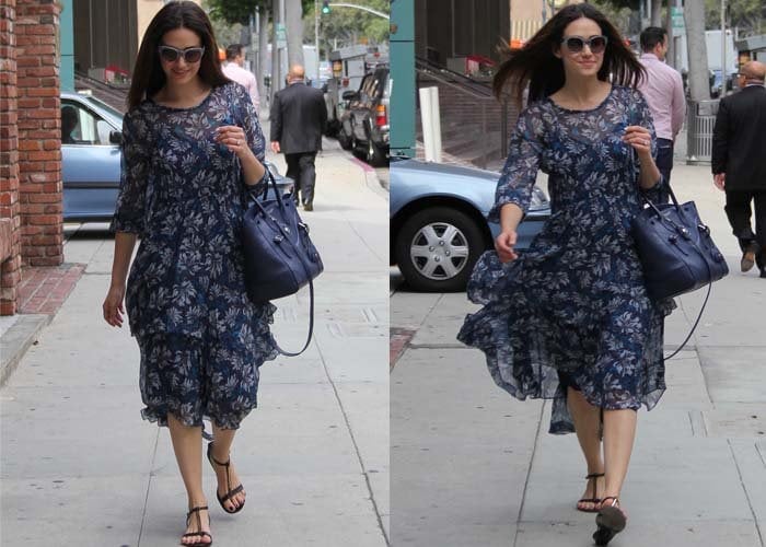 Emmy Rossum goes shopping in a blue floral dress from Rebecca Taylor