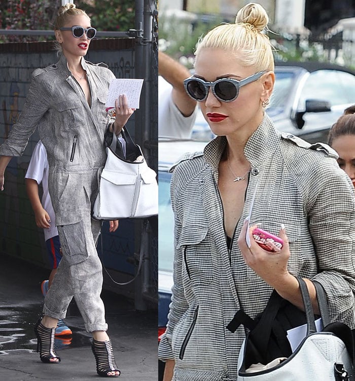 Gwen Stefani Adds Height With Walcot Heels in L.A.M.B. Check Jumpsuit