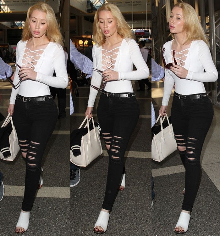 Iggy Azalea Goes Braless in Lace-Up Bodysuit and White Mules