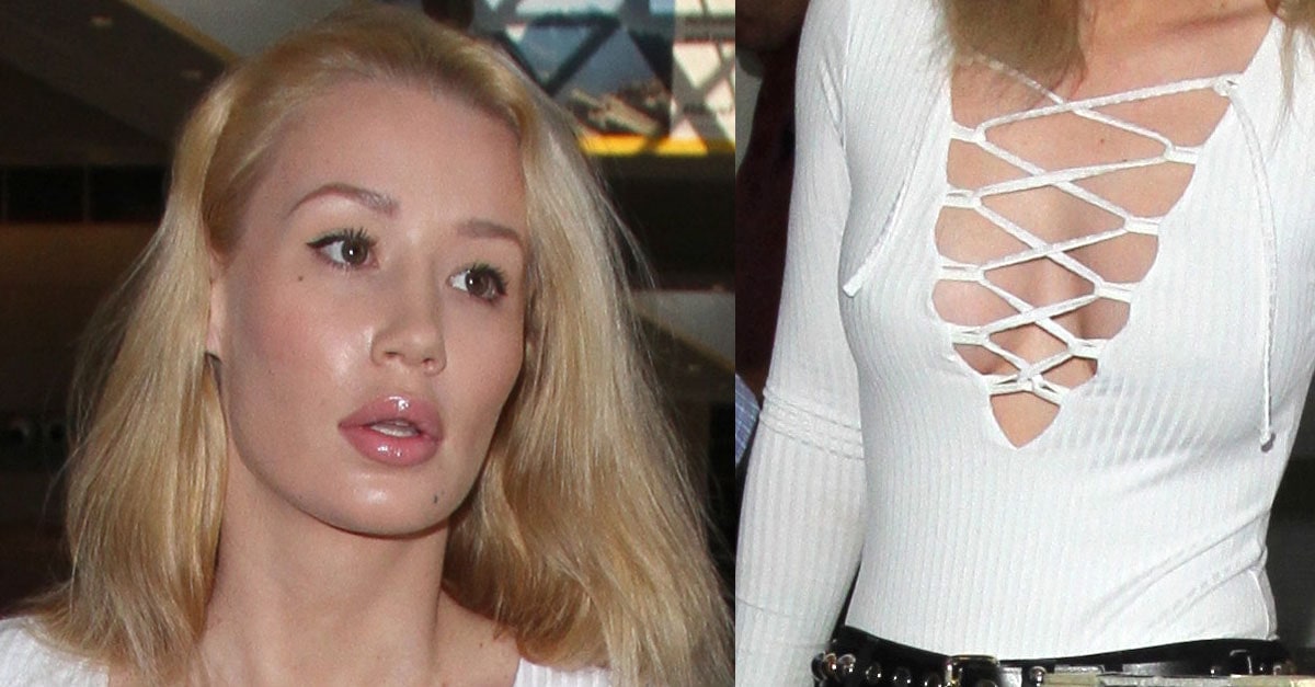 Iggy Azalea Goes Braless in Lace-Up Bodysuit and White Mules