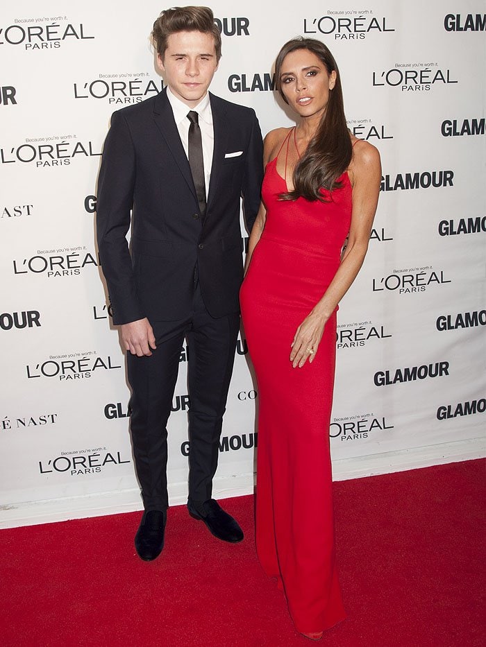 Brooklyn Beckham and Victoria Beckham walking the red carpet together