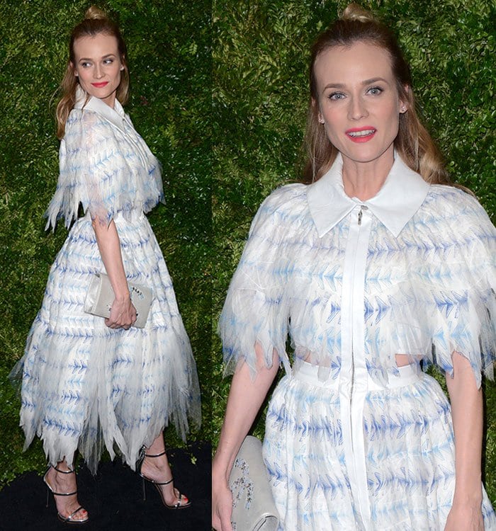 Diane Kruger wears a blue-and-white organza dress from Chanel