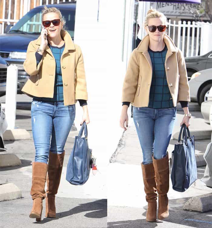 Reese Witherspoon rocks light wash jeans and over-the-knee boots