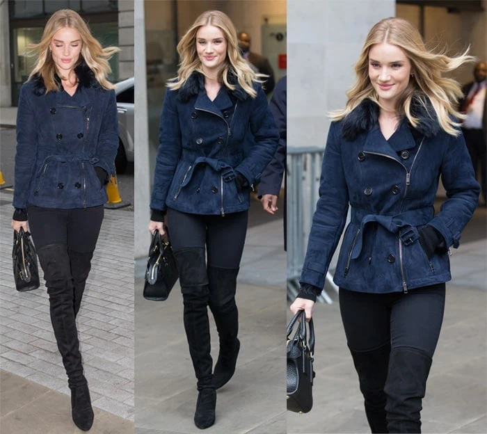 Rosie Huntington-Whiteley wears a Burberry London zip detail shearling trench jacket