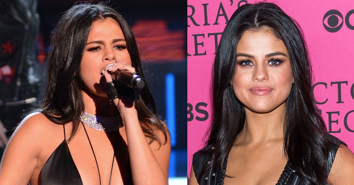 Selena Gomez Wears Raven Hair Down and Displays Cleavage in Black Dresses