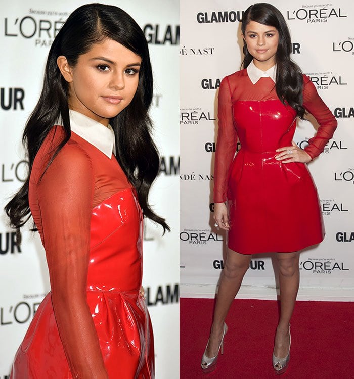 Selena Gomez Hot Legs Porn - Selena Gomez' Nude Legs in Red Leather Mini Dress and Bon Bon Heels