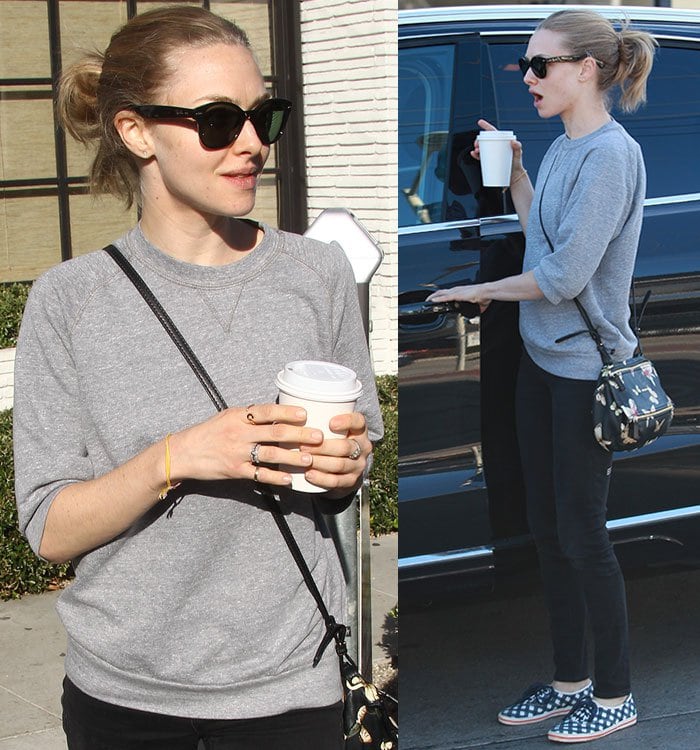 Amanda Seyfried wears a gray sweatshirt while out for coffee