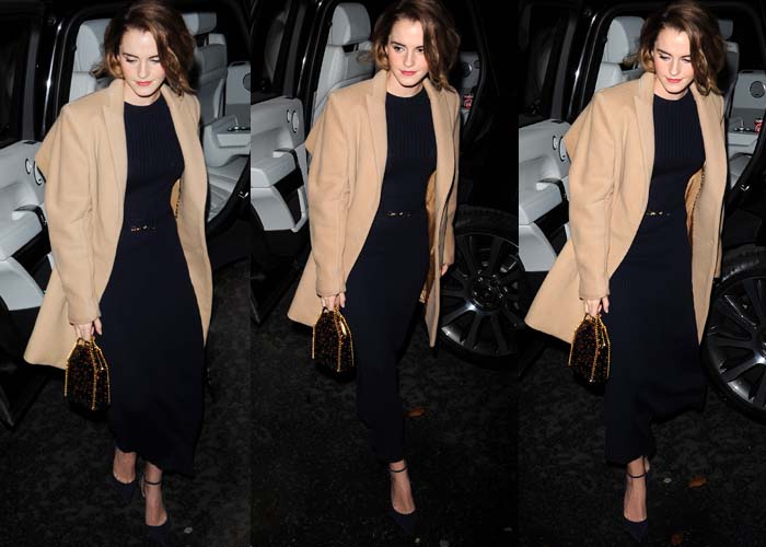 Emma Watson wears a Gabriele Hearst dress under a camel-colored coat