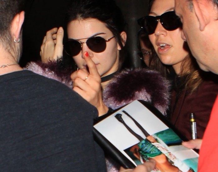 Kendall Jenner wears sunglasses and a luxe Elizabeth and James jacket in plush, multicolored fur