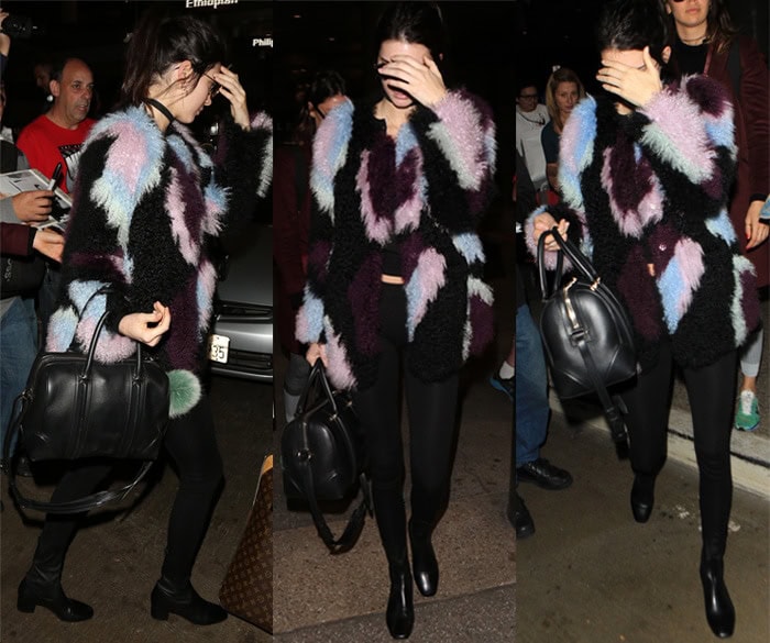 Kendall Jenner styles her fur coat with RTA Denim Elson jeans and Sandro Amele boots