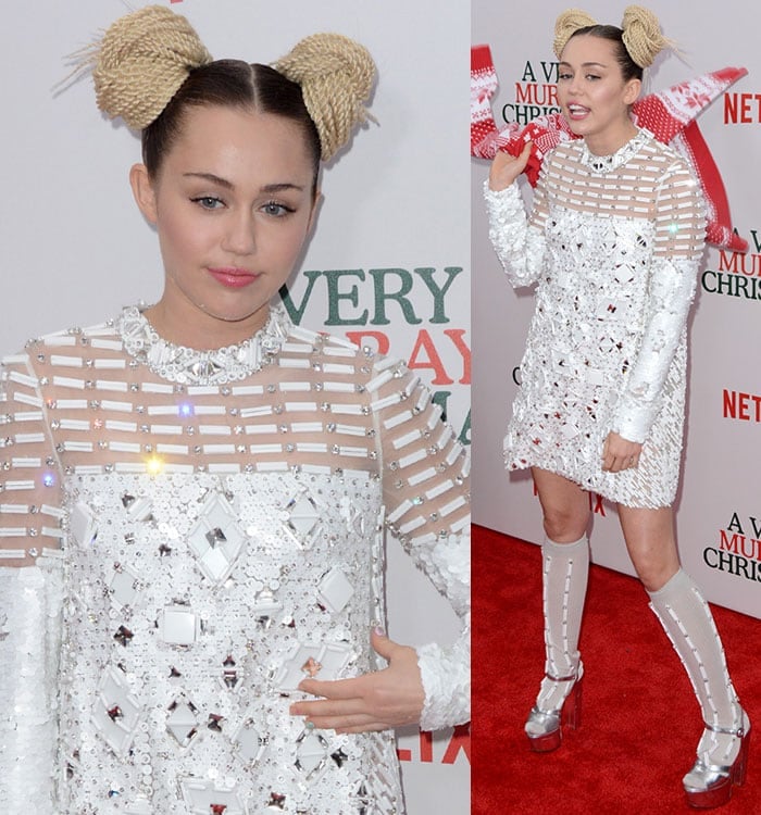 Miley Cyrus finishes off her tame ensemble with a pair of rope braid buns