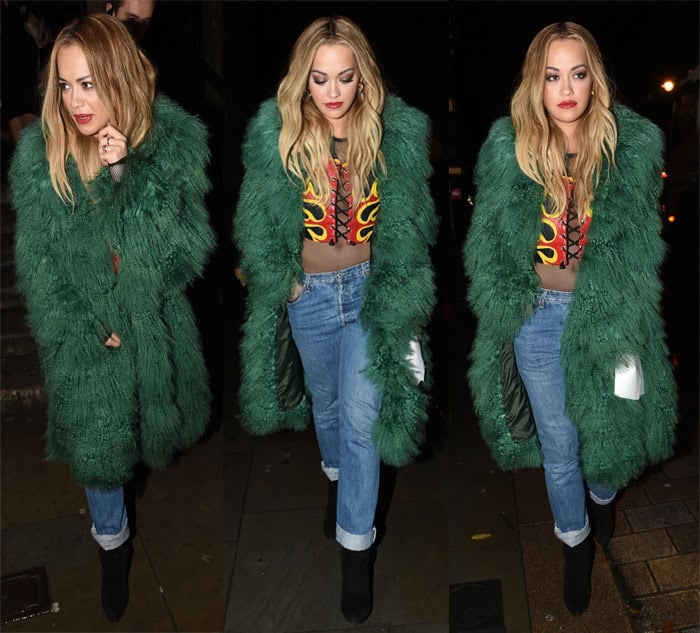 Rita Ora styled her Christmas tree coat with blue boyfriend jeans