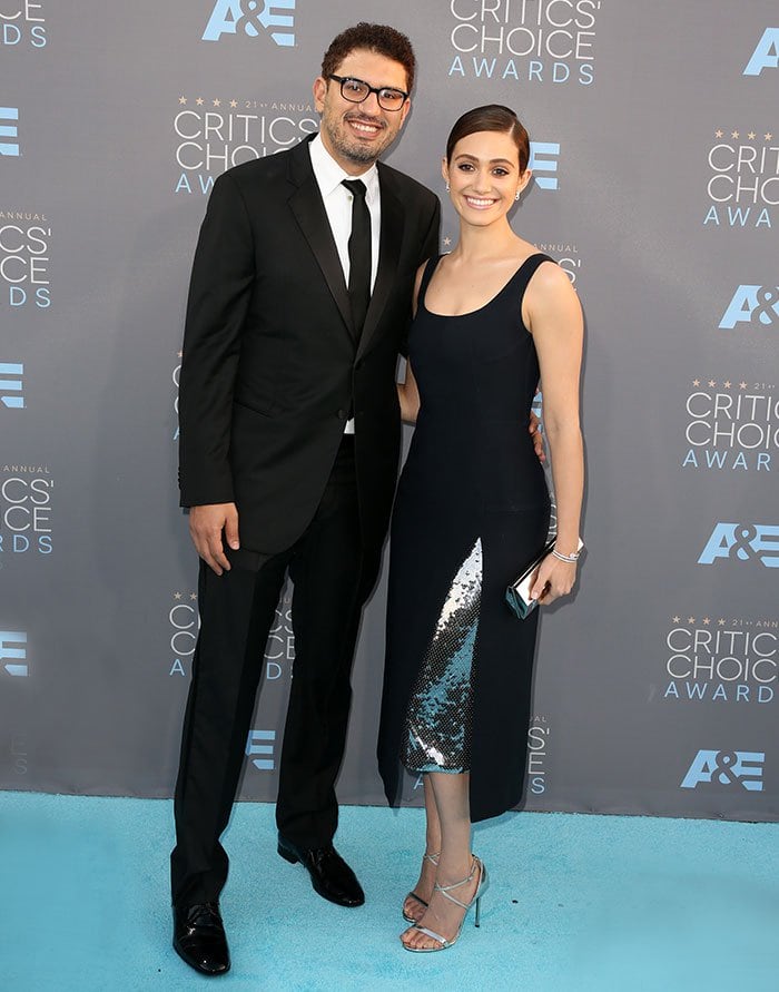Emmy Rossum and Sam Esmail pose for photos at the Annual Critics' Choice Awards