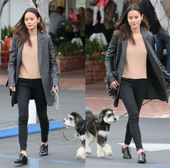 Jamie Chung walks her dog, Ewok, named after the Star Wars characters, showcasing their stylish bond