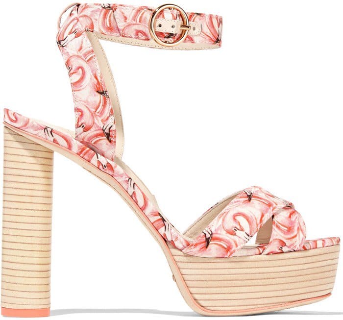 Crafted from smooth satin, these 'Amanda Dreamy Flamingo' sandals are printed with the brand's 'spirit animal' motif