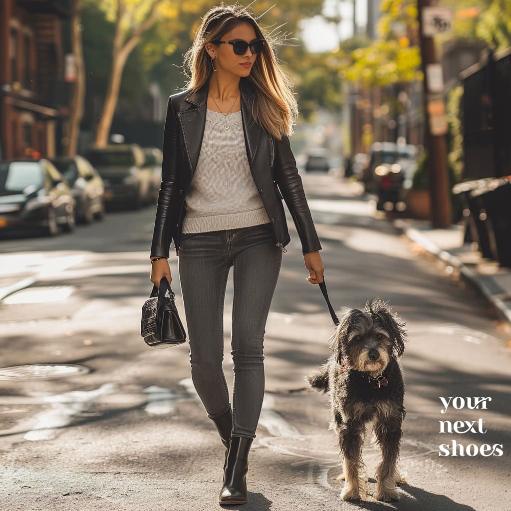 Walking her dog, she pairs a knitted top and skinny jeans with a leather-sleeved blazer, sleek leather boots, and effortlessly styled hair for a chic, casual look