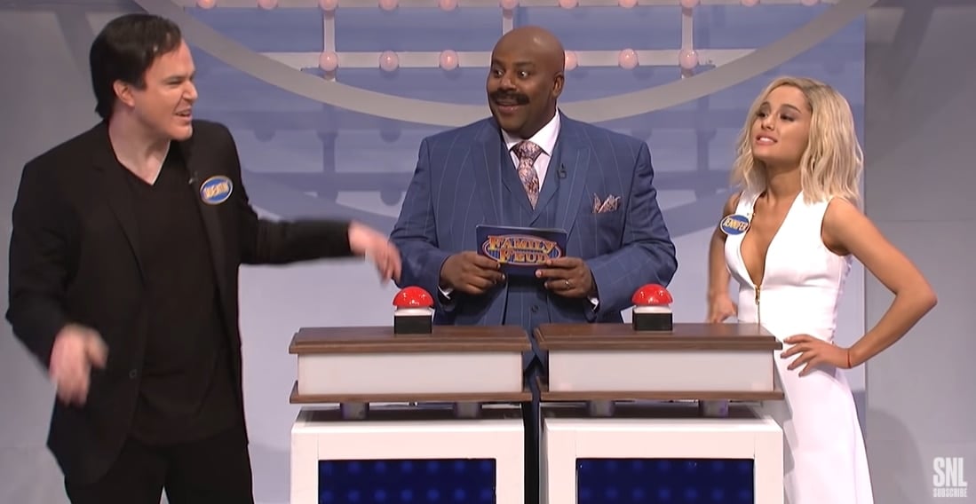 Ariana Grande impersonates Jennifer Lawrence in a skit with Taran Killam and Kenan Thompson on SNL