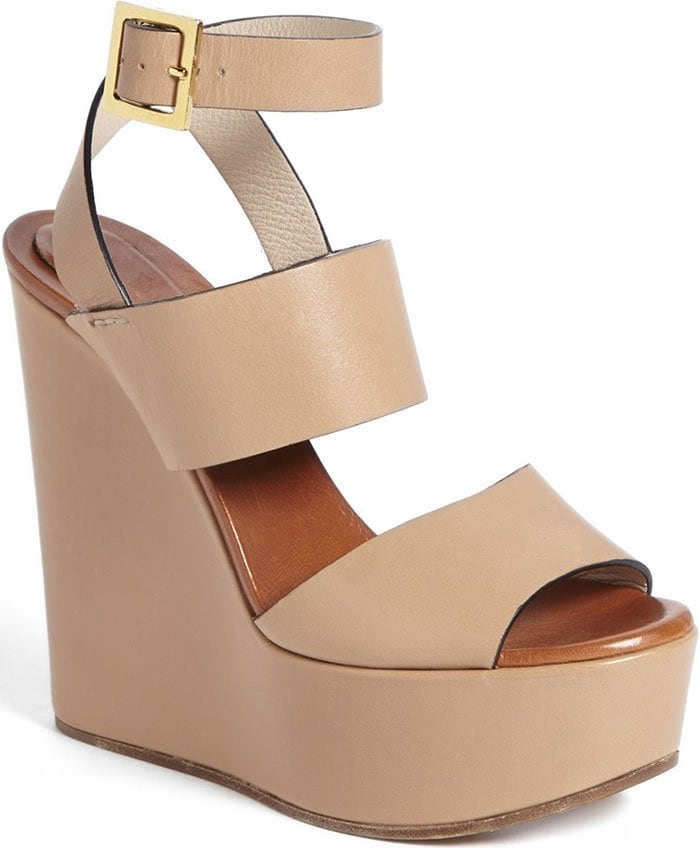 Chunky Chloe "Central" Wedge Sandals With Goldtone Buckle Accents