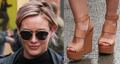 How Hilary Duff Wears Jogger Shorts With Leather Jacket and Wedges