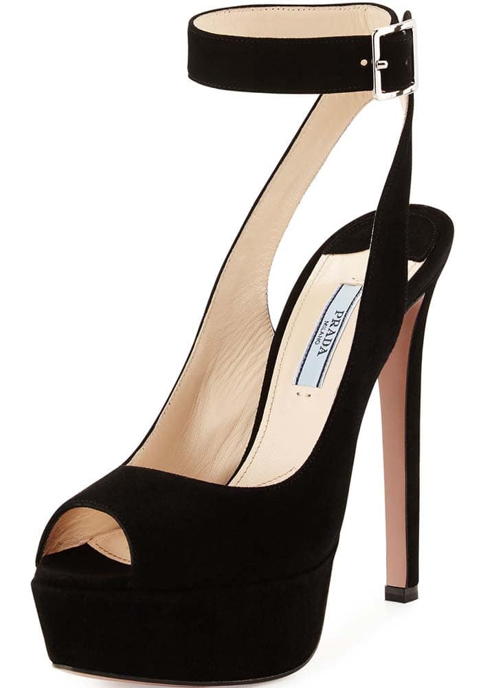 Prada Suede Platform Ankle-Strap Sandal in Nero